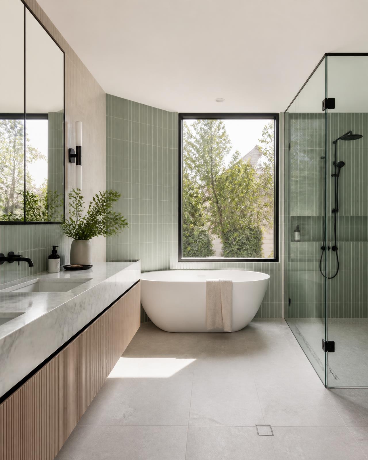 Newly renovated bathroom with soft green tiles, marble vanity and black tapware